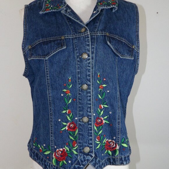 Share Bill Blass Denim Vest Women's Size L Roses & Rhinestones Vintage - Picture 2 of 4